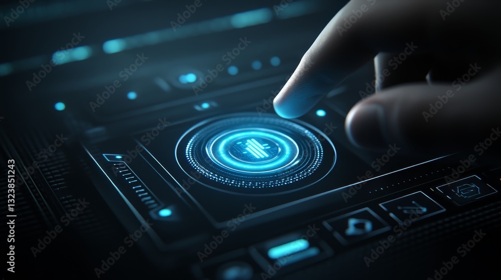 Human hand interacting with computer interface activating button on modern device Human hand interacting with computer interface activating button on modern device