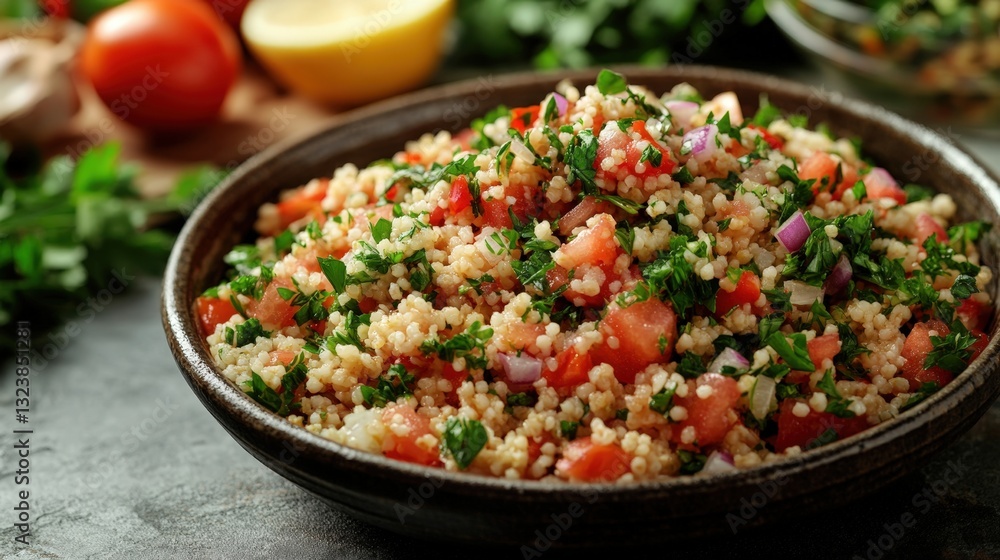 a vibrant and healthy tabbouleh salad in a rustic bowl. It's bursting with fresh ingredients like tomatoes, herbs, and bulgur wheat a vibrant and healthy tabbouleh salad in a rustic bowl. It's bursting with fresh ingredients like tomatoes, herbs, and bulgur wheat