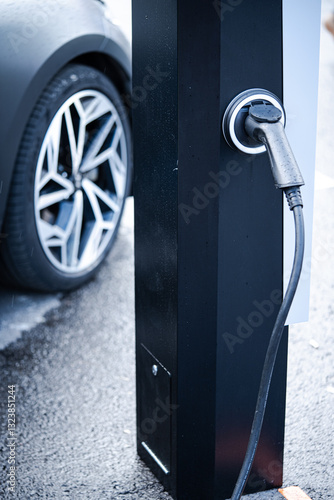 Obraz na płótnie Electric car plugged in for charging w salonie