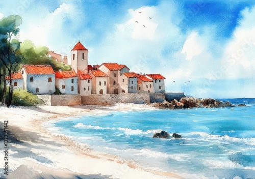 Watercolor Seaside Village with Colorful Houses Ocean View Beach Landscape