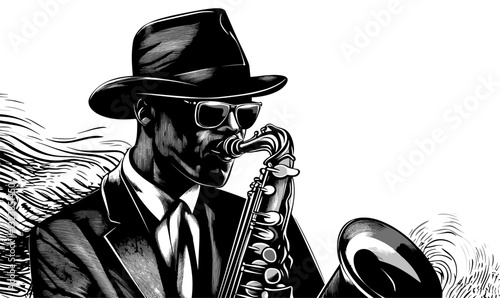 Saxophone player jazz musician in hat and sunglasses, playing instrument, monochrome, flat vector icons set.