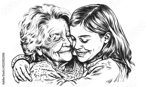Grandmother and granddaughter embrace - linear vector, icons set.