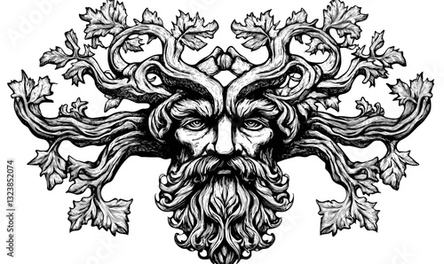 Green man mythical forest creature with leafy beard and twig antlers, black and white linear icons set, vector.