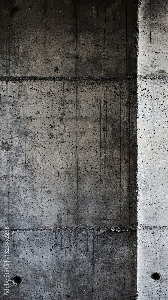 Naklejka premium Concrete Abstraction: An arresting close-up showcases the raw beauty and textural depth of a weathered concrete wall, highlighting its architectural features and industrial aesthetic.