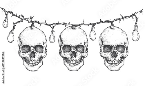 Skull garland with light bulbs on thorny branch, halloween decoration, vector, linear icons set.