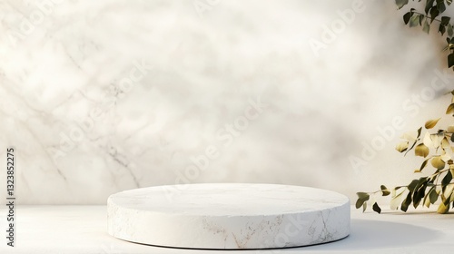 Close-up photo of a white stone podium or pedestal on a light background with plenty of natural light. Can be used for exhibitions, presentations of various businesses and projects.