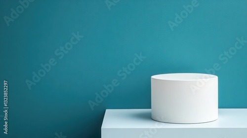 Close-up photo of a white stone podium or pedestal on a light blue background with plenty of natural light. Can be used for exhibitions, presentations of various businesses and projects.