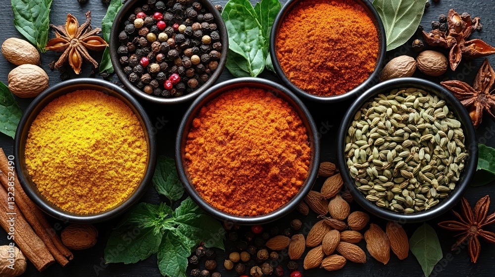 Aromatic spices in bowls; turmeric, paprika, peppercorns, fennel seeds, star anise. Aromatic spices in bowls; turmeric, paprika, peppercorns, fennel seeds, star anise.