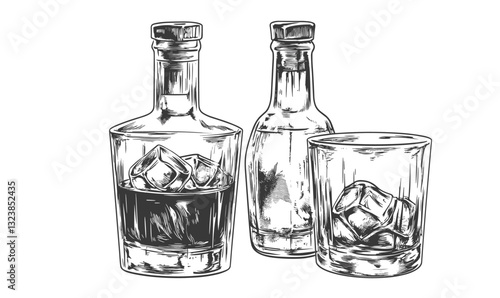 Whiskey and rum bottles with glasses icon set, linear style, vector.