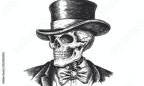 Skeleton in top hat and bow tie linear icons set - vector.