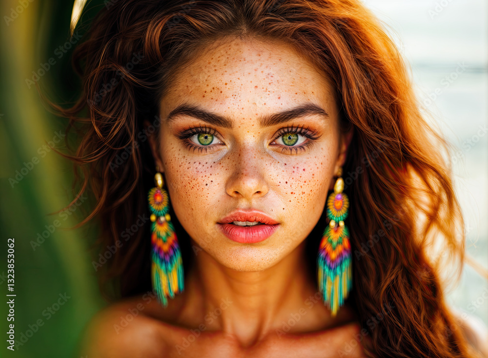 A close-up portrait of a woman with vibrant green eyes and a captivating gaze.