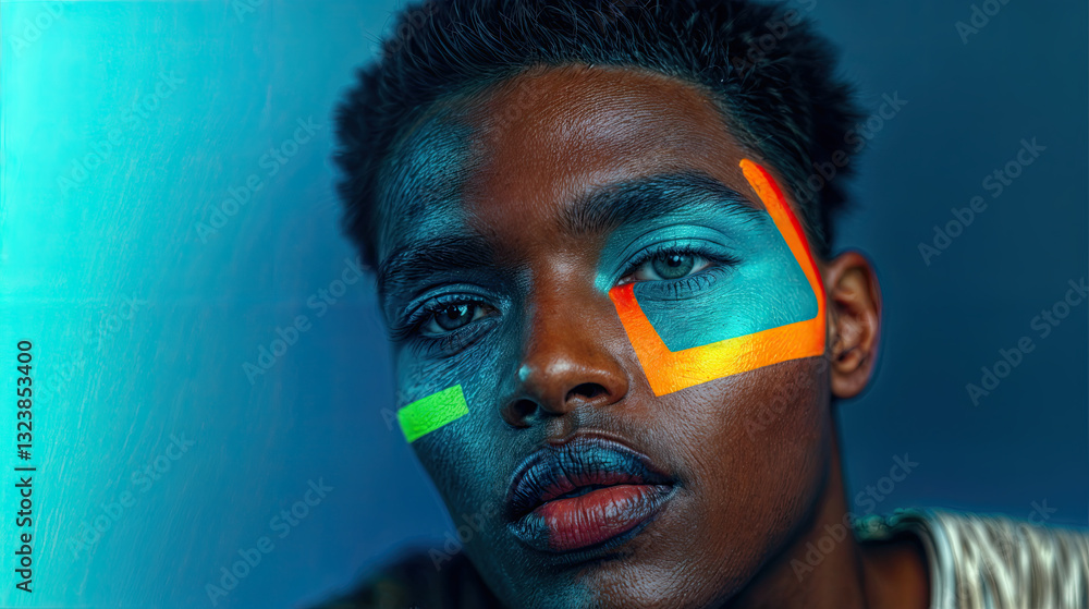 Intricate face paint design, showcasing a mix of teal, orange, and lime green.