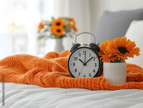 A minimalist alarm clock on a nightstand, natural lighting, symbolizes early rising and productivity.