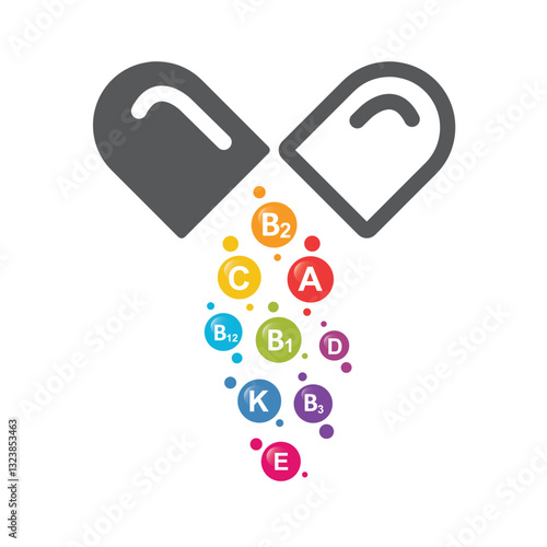 Vitamin B1, B2, B3, B12, C, A, D, E and K vector. Set of Multi Vitamin, complex icons.