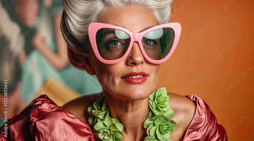 A woman in a vibrant, rosy-red satin top, accessorized with a statement necklace of sculpted succulents and oversized pink sunglasses.