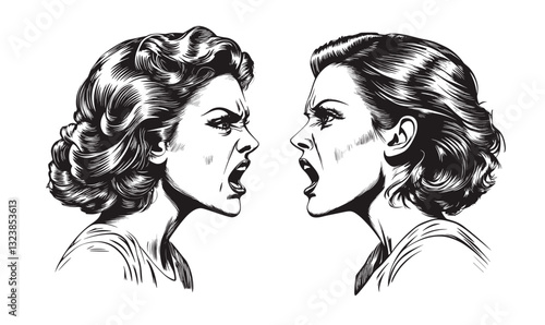 Two women facing off with angry expressions in black and white - vector, linear style icons set.