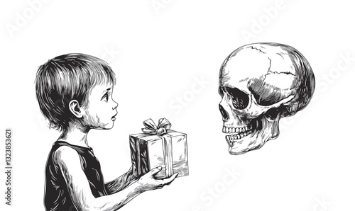 Child offering gift to skull - black and white linear icons set vector.