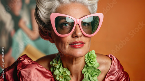 Obraz na płótnie A woman in a vibrant, rosy-red satin top, accessorized with a statement necklace of sculpted succulents and oversized pink sunglasses. w salonie