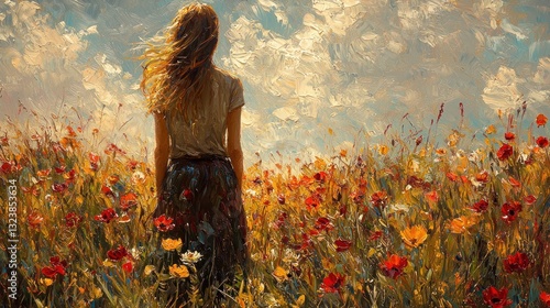 Woman standing in a poppy field, back view, windblown hair, summer.