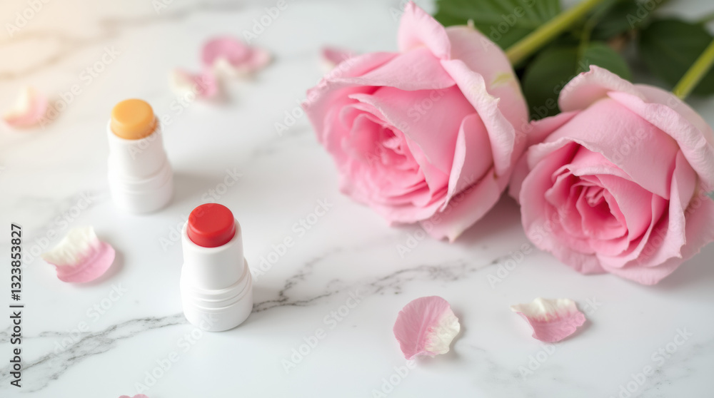 A stylish top-down view featuring pink flowers and a lipstick on a granite countertop. A stylish top-down view featuring pink flowers and a lipstick on a granite countertop.