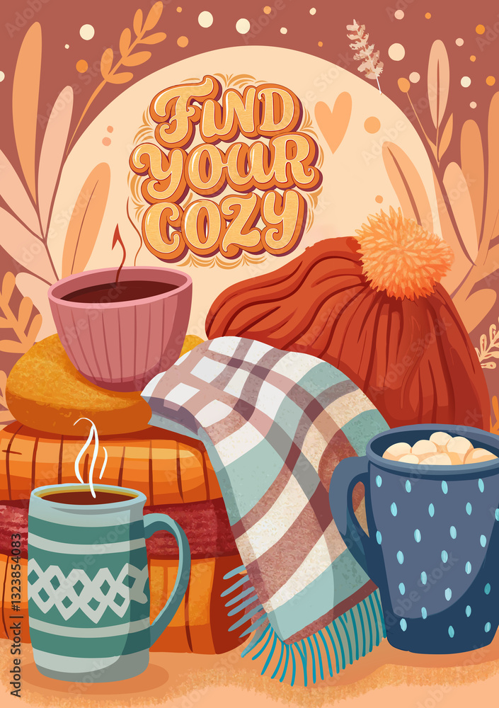 a cozy autumn-themed illustration featuring a cup of hot cocoa, a stack of books, a scarf, a knit hat, and fall leaves. The words