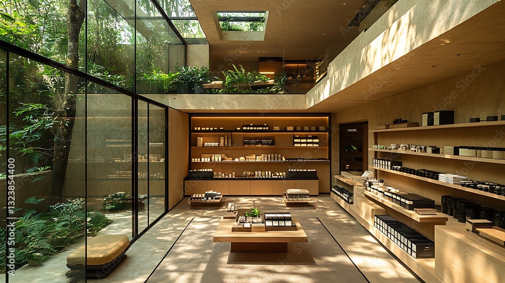 Luxurious Modern Retail Store Interior with Natural Light and Greenery Luxurious Modern Retail Store Interior with Natural Light and Greenery