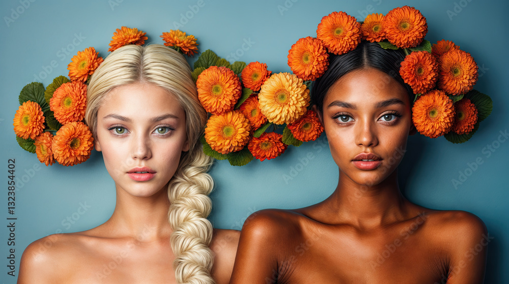 two individuals with their heads adorned with vibrant orange flowers and green leaves, set against a blue background. The flowers create a floral crown effect.