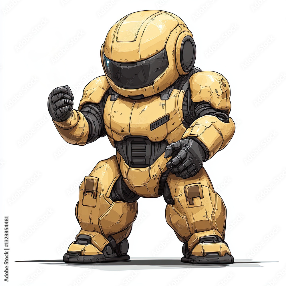 cartoon robot in yellow suit, looking determined and ready for action cartoon robot in yellow suit, looking determined and ready for action