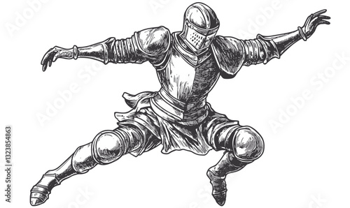 Medieval knight in action jump, armor and helmet, flat icons set, linear vector.