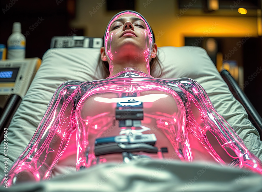 A translucent figure, bathed in a soft pink glow, rests peacefully on a medical bed. Visible internal components highlight the futuristic medical setting.