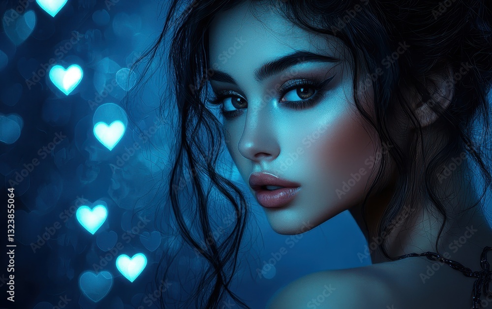 Portrait of a mysterious woman with deep brown eyes, a smoky eye look, and a sultry expression, on a midnight blue background with glowing hearts Portrait of a mysterious woman with deep brown eyes, a smoky eye look, and a sultry expression, on a midnight blue background with glowing hearts