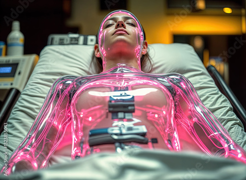 Obraz na płótnie A translucent figure, bathed in a soft pink glow, rests peacefully on a medical bed. Visible internal components highlight the futuristic medical setting. w salonie
