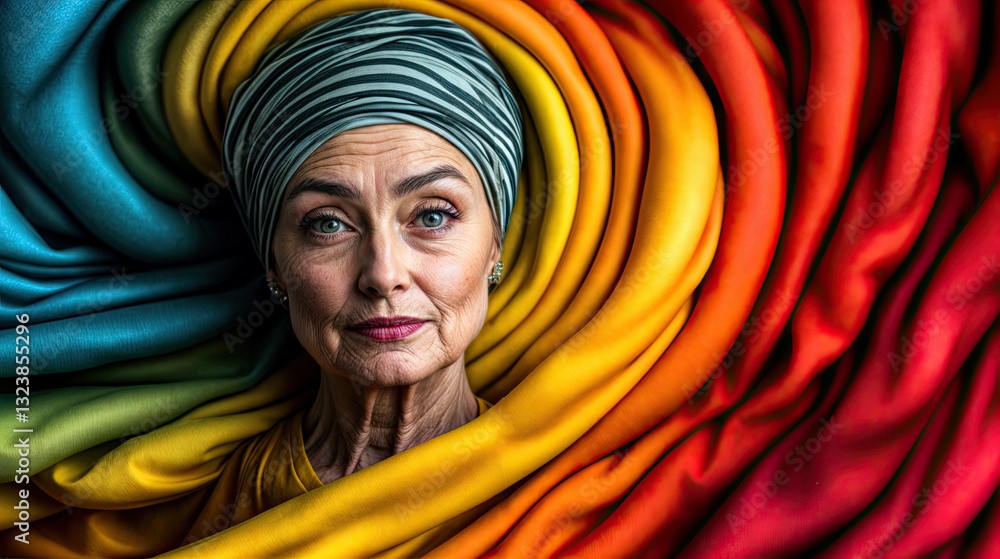 A woman with a striped turban, framed by a spectrum of vibrant fabrics.