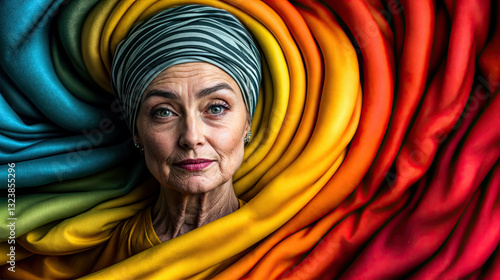 Obraz na płótnie A woman with a striped turban, framed by a spectrum of vibrant fabrics. w salonie