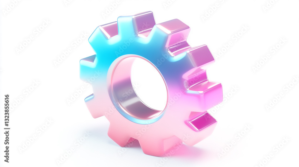 A 3D glossy gradient gear icon, featuring smooth reflective surfaces and a vibrant iridescent pink and blue gradient. Isolated on a white background. A 3D glossy gradient gear icon, featuring smooth reflective surfaces and a vibrant iridescent pink and blue gradient. Isolated on a white background.