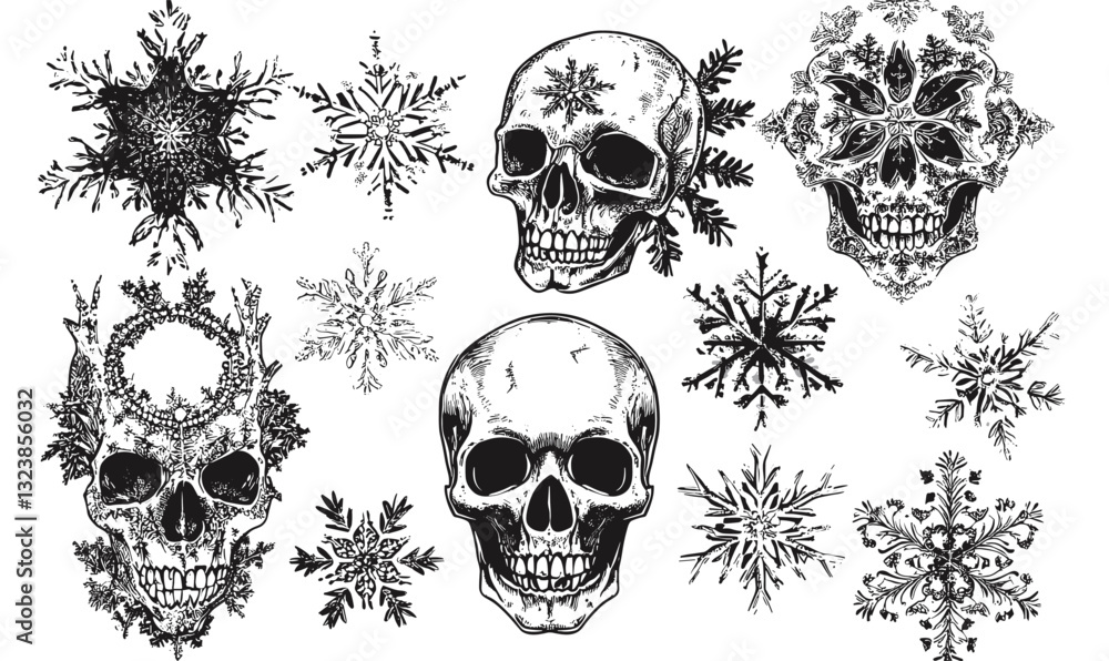 Fototapeta premium Skulls and snowflakes fusion: black and white linear icons set, vector.