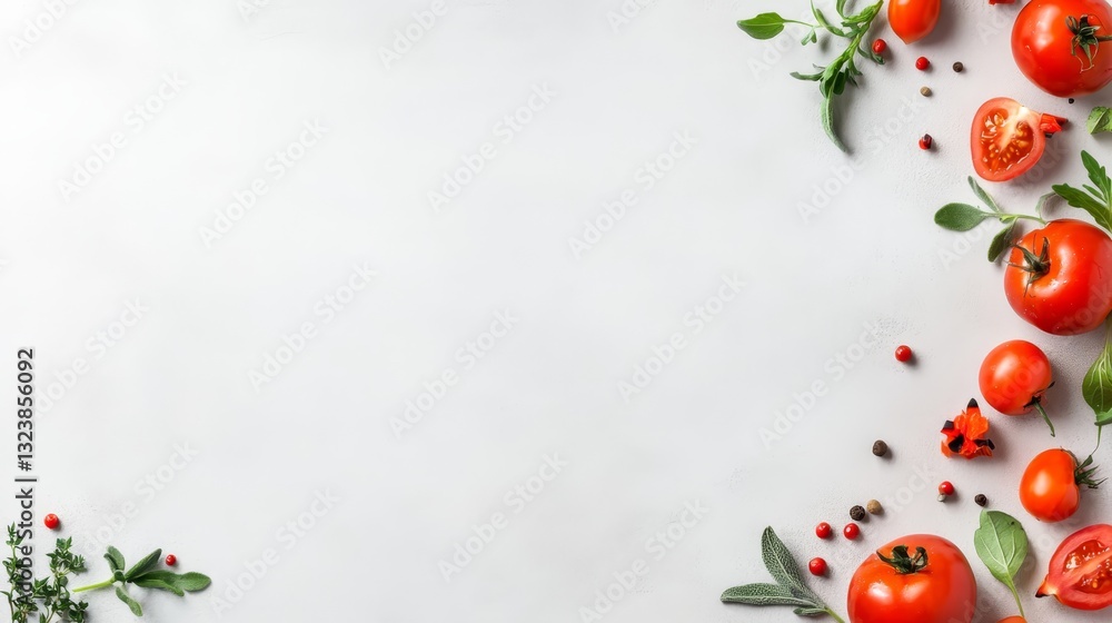 Fototapeta premium Vibrant red tomatoes and fresh green basil on pristine white background ripe