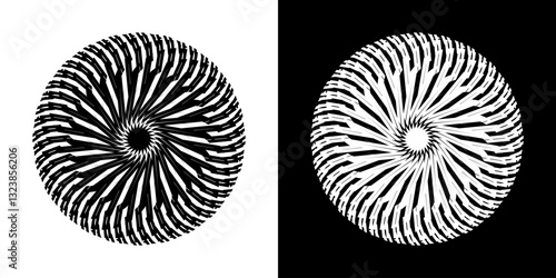 Abstract background with line patterns forming circles. Spiral art design as a logo or icon. Black stripes on a white background and the same white stripes on a black side. Unique line pattern mandala