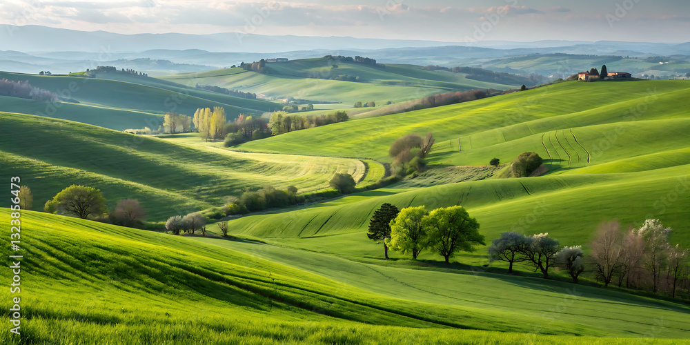 Fototapeta premium Rolling green hills and farmland under a bright sky.