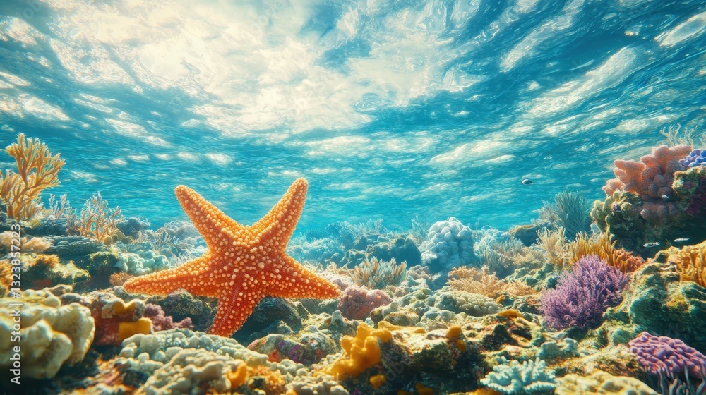 Vibrant Coral Reef with Starfish Underwater Scene Vibrant Coral Reef with Starfish Underwater Scene