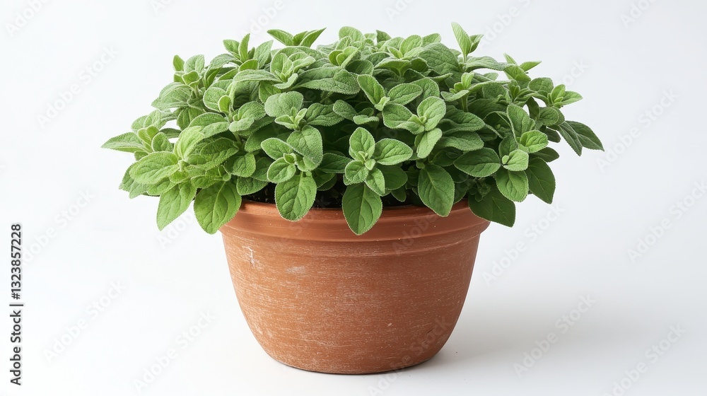 Obraz premium A vibrant green oregano plant, its leaves kissed by the sun, nestled within a terracotta pot, its verdant presence a splash of nature s beauty in an urban setting.