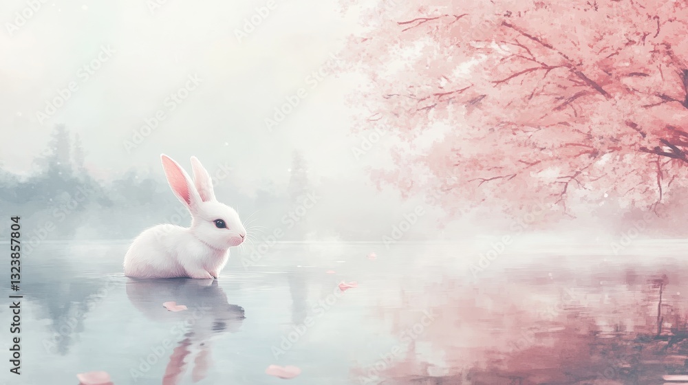 Obraz premium White Rabbit by Cherry Blossom Lake Spring Serenity