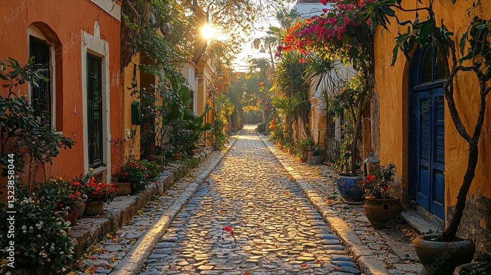 Sunlit cobblestone alley with colorful buildings and lush foliage. Sunlit cobblestone alley with colorful buildings and lush foliage.