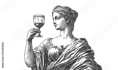 Elegant woman holding wine glass in classic pose, vintage style, linear icons set, vector.