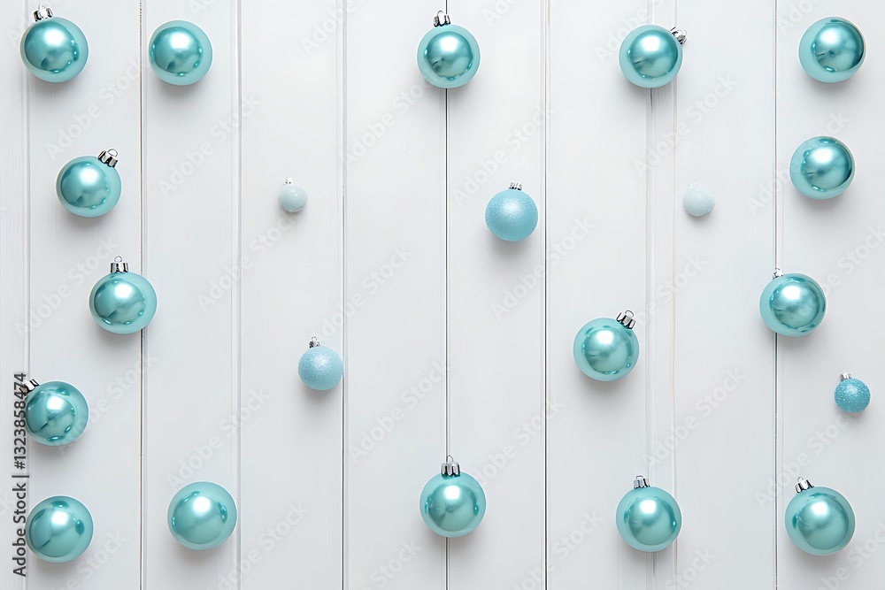 Obraz premium Blue balls hanging on white wooden wall background