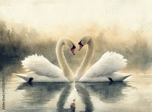 Fototapeta Naklejka Na Ścianę i Meble -  Watercolor painting of two elegant white swans on a tranquil lake at dawn