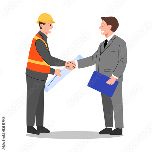 A vector illustration of a construction worker (engineer) and a businessman shaking hands, symbolizing agreement and partnership in a project.