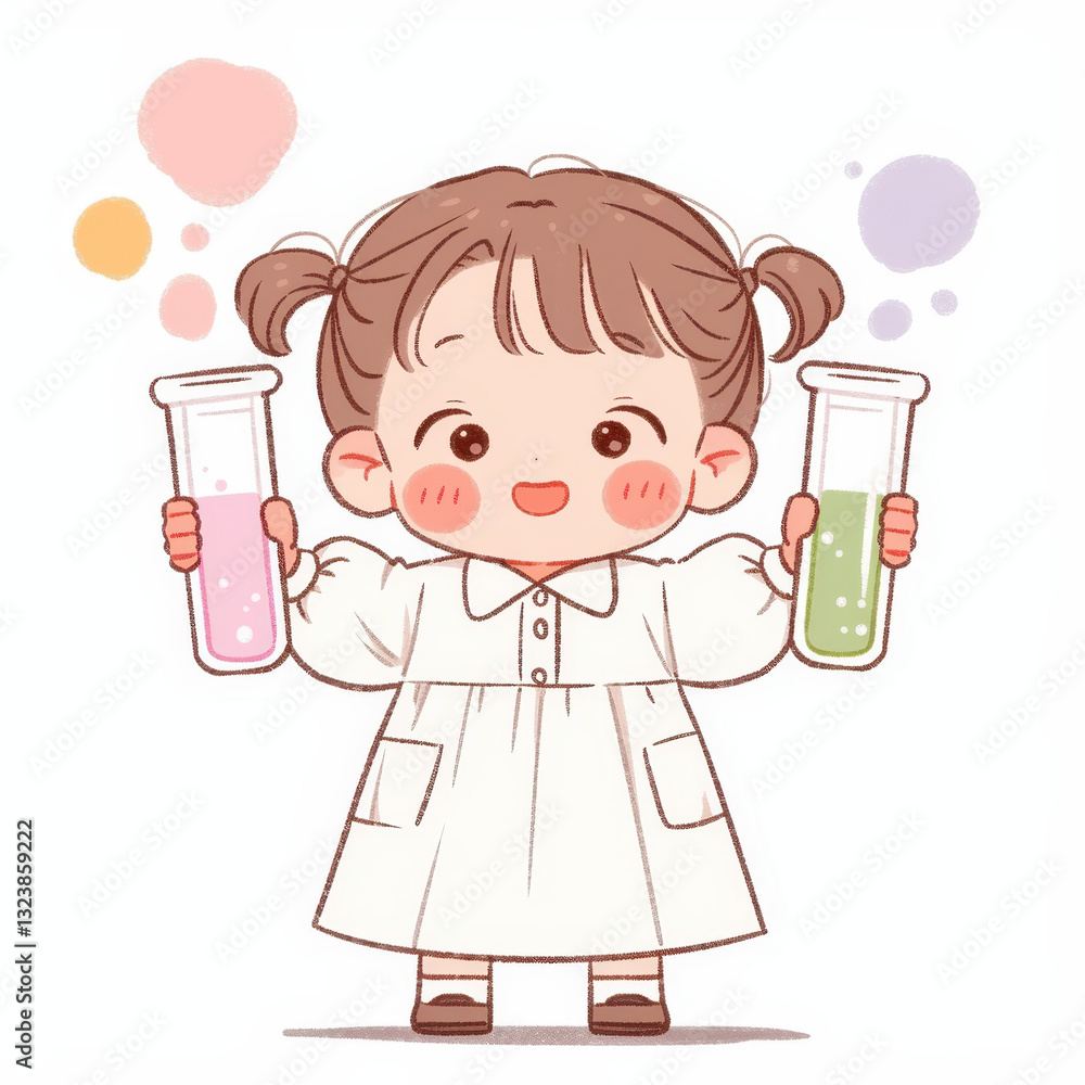Cute scientist holding test tubes with colorful liquids and joyful expression Cute scientist holding test tubes with colorful liquids and joyful expression
