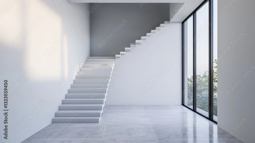 Modern minimalist interior with white staircase and large window. Concept of architecture, design, and contemporary living. Modern minimalist interior with white staircase and large window. Concept of architecture, design, and contemporary living.