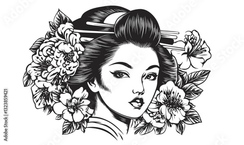 Traditional geisha with floral elements, flat icons set, vector.